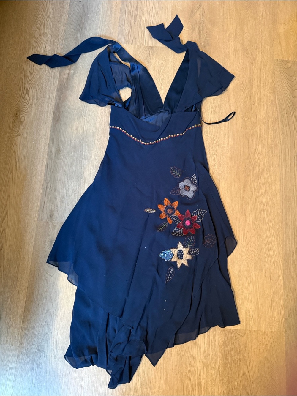 Navy Floral Embroidered V-Neck Dress